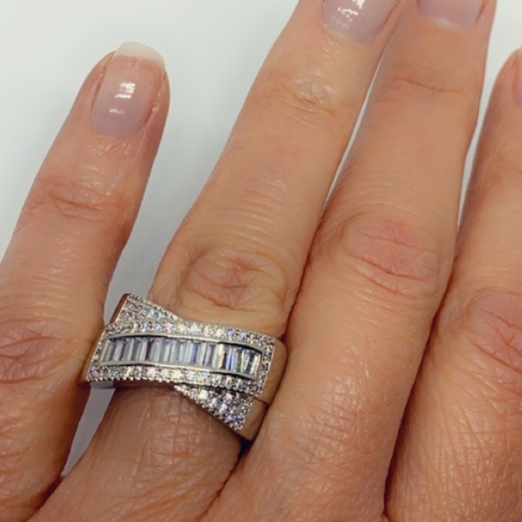 Wide Band Baguette and Round Diamond Silver Ring - Picture 1 of 8